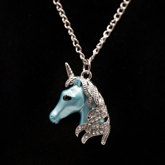 Handmade Light Blue & Pave Crystal Unicorn Magical Horse Necklace, New - Picture 1 of 2